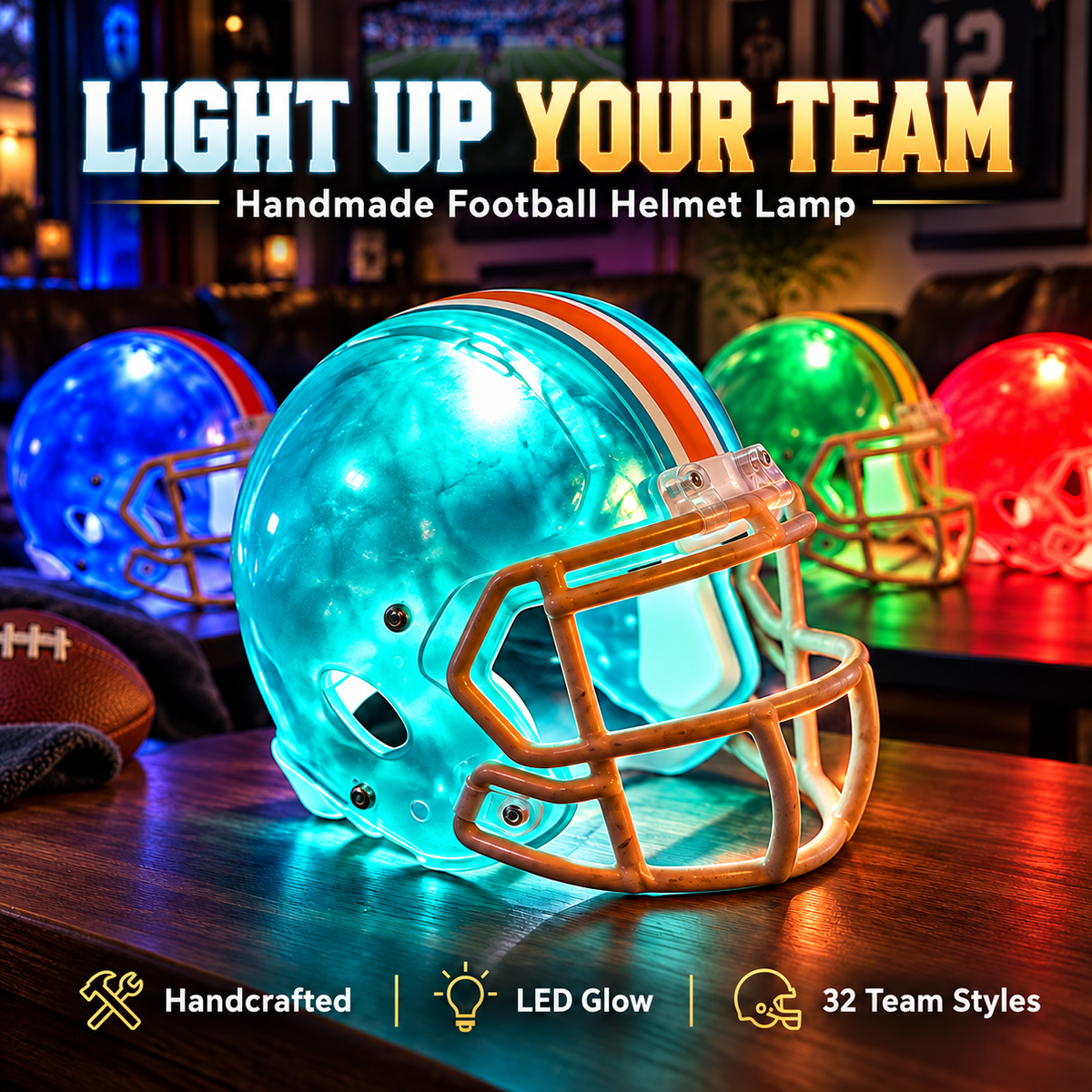 🏈🔥 Last Day 49% OFF! Handmade LED Football Helmet Lamp – Light Up Your Fan Cave! 💡🏆