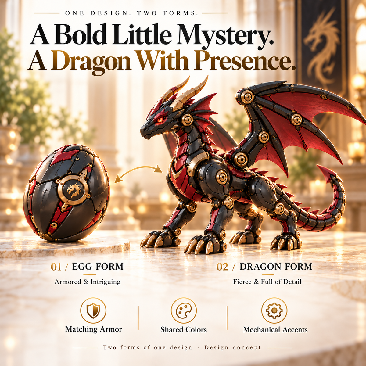 🐉 Mechanical Dragon Egg – Black & Crimson Dragon with Folding Wings & Armored Details