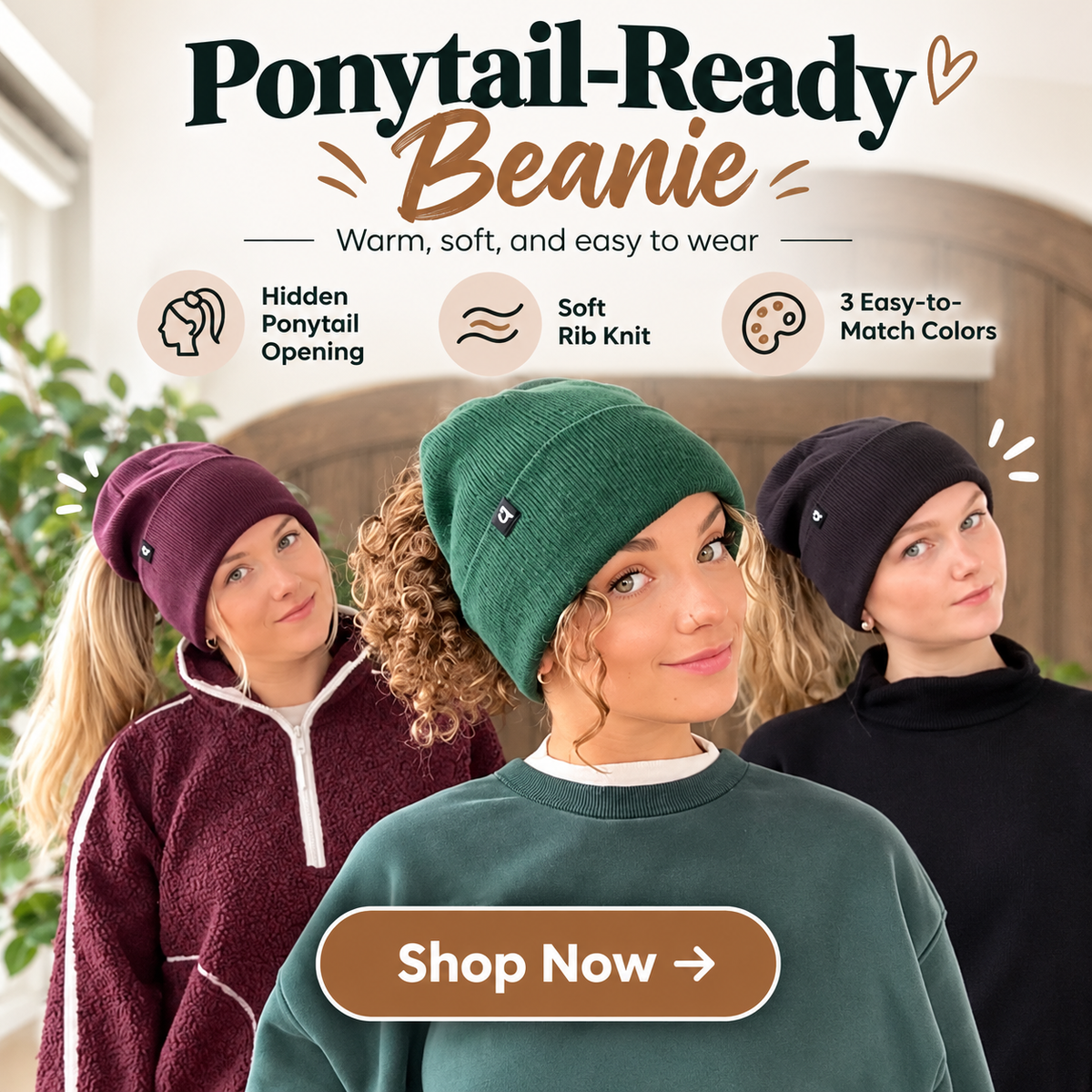 🔥2-in-1-ponytail-beanie-hat-hidden – Hidden Magnetic Closure, No-Zip Winter Knit Hat ❄️