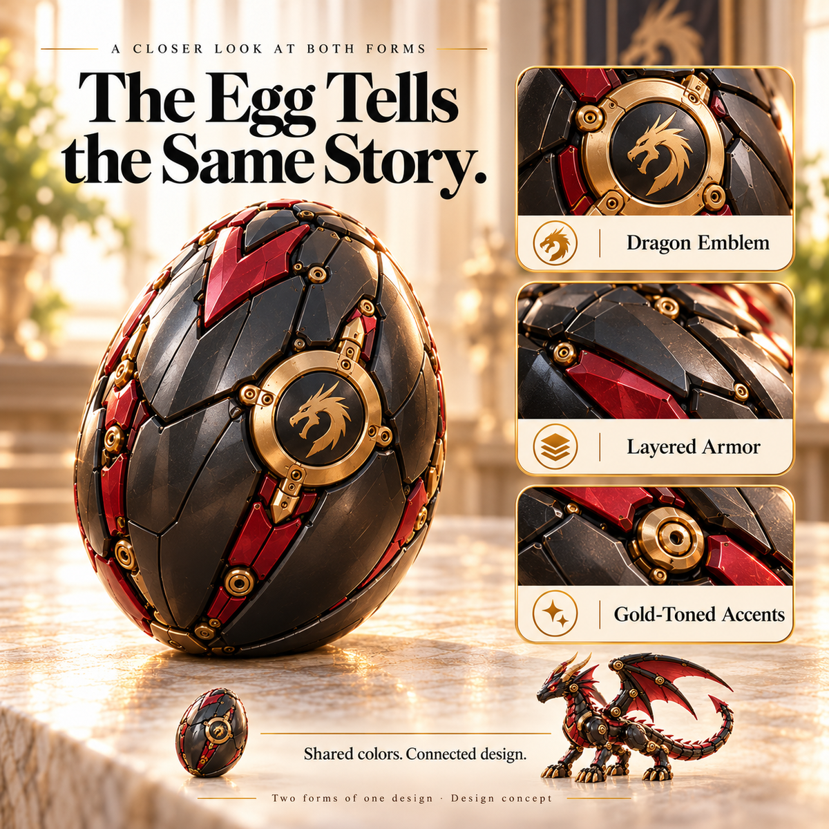 🐉 Mechanical Dragon Egg – Black & Crimson Dragon with Folding Wings & Armored Details