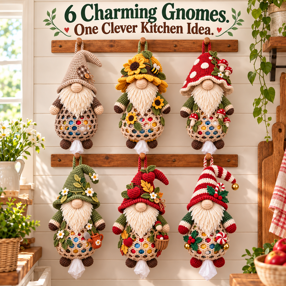 🔥 BUY 3 GET 1 FREE 🔥- 🧶 Gnome Kitchen Keepers | Crochet Bag Holder Collection 🌿