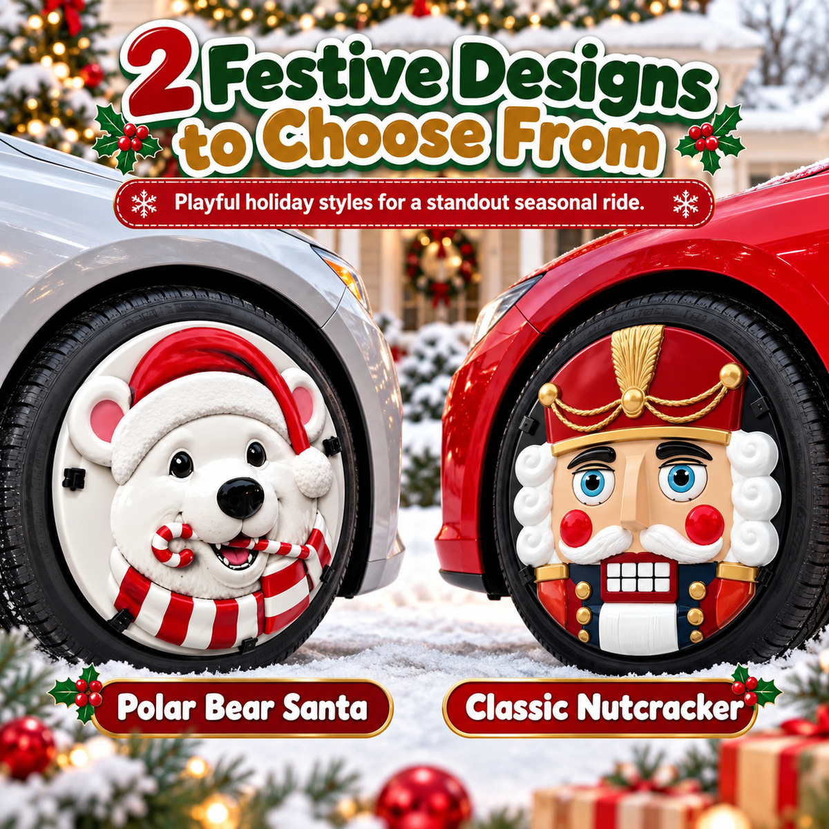 🎄Christmas 3D Wheel Covers – Festive Polar Bear & Nutcracker Car Decor