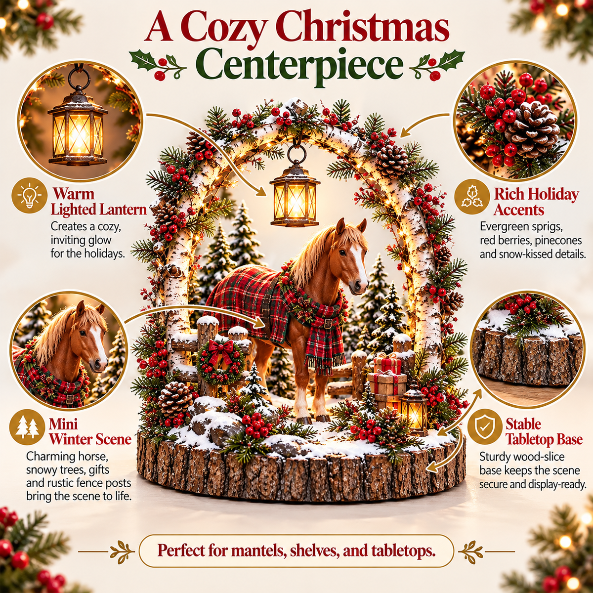 🐴🎄 Christmas Horse Lantern Scene – Cozy Winter Farmhouse Table Decor