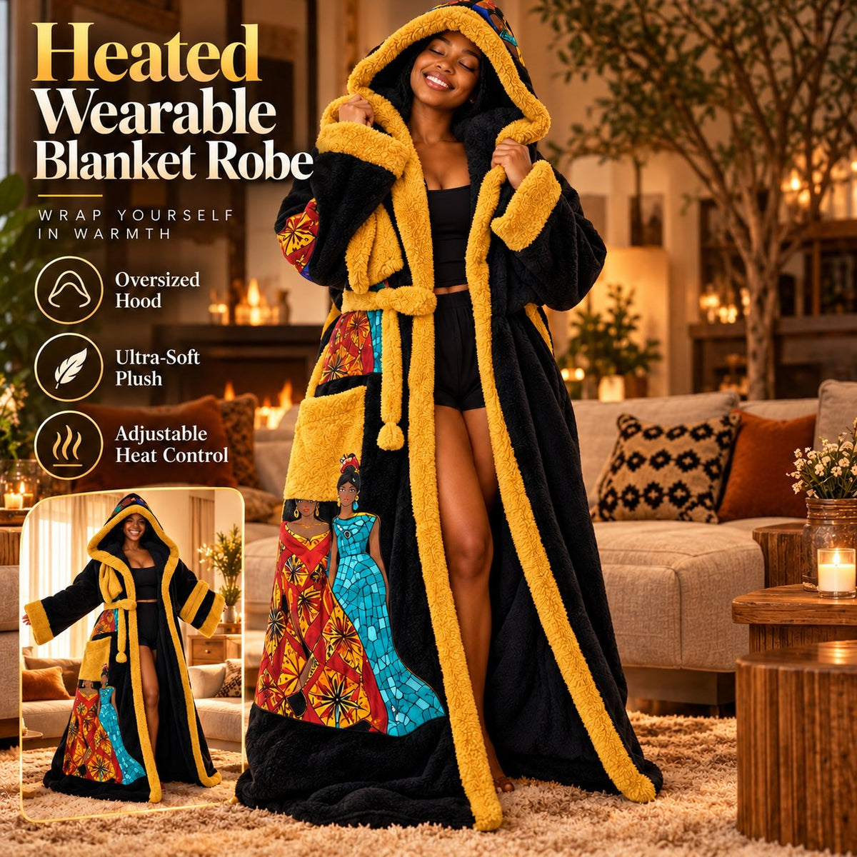 🔥African Queen Heated Plush Robe 👑 Ultra-Soft Hooded Design with Adjustable Heat