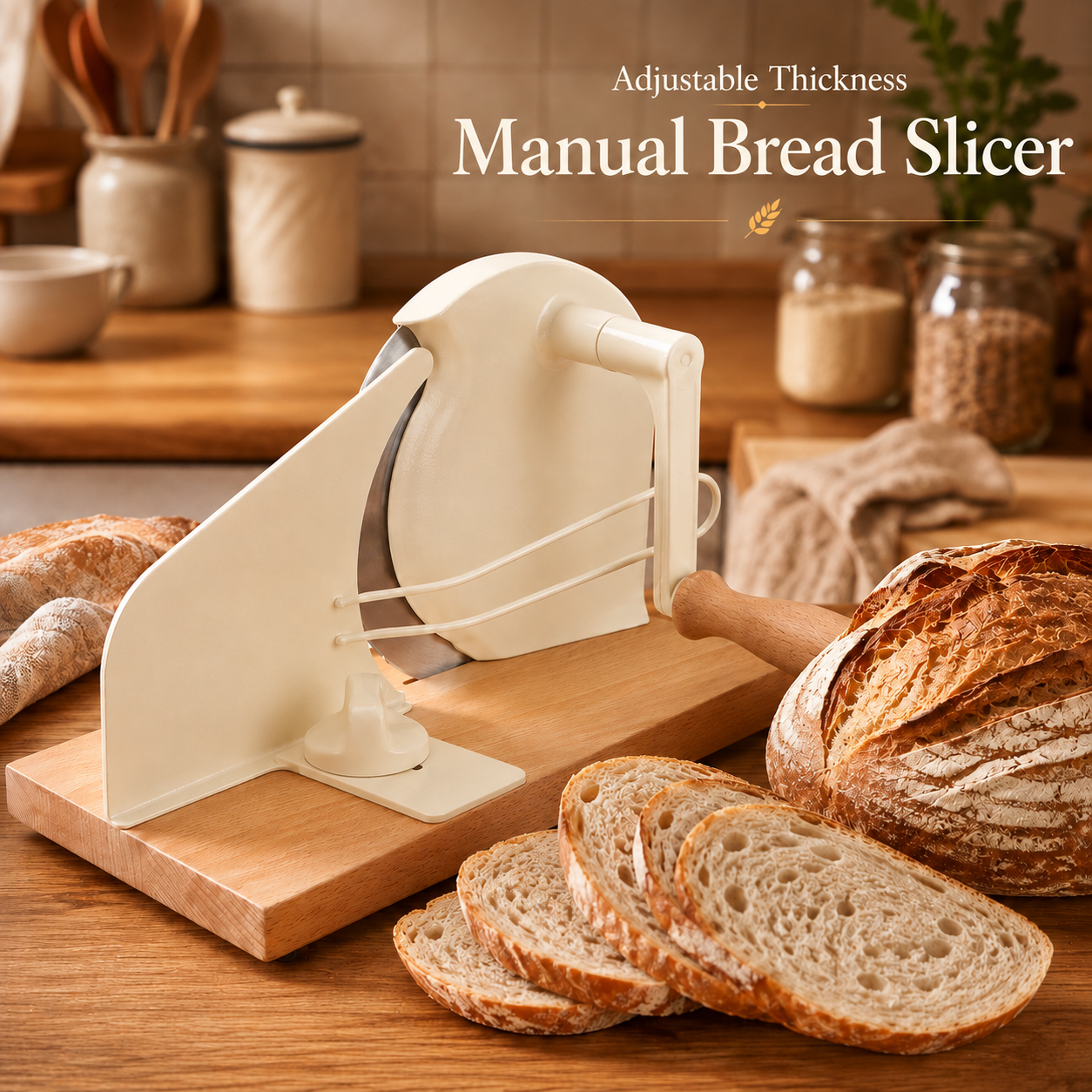 🍞 Adjustable Manual Bread Slicer – Hand Crank Cutter for Sourdough & Homemade Bread