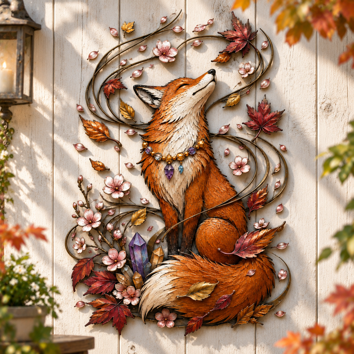 Autumn fox metal wall decor on wood wall
