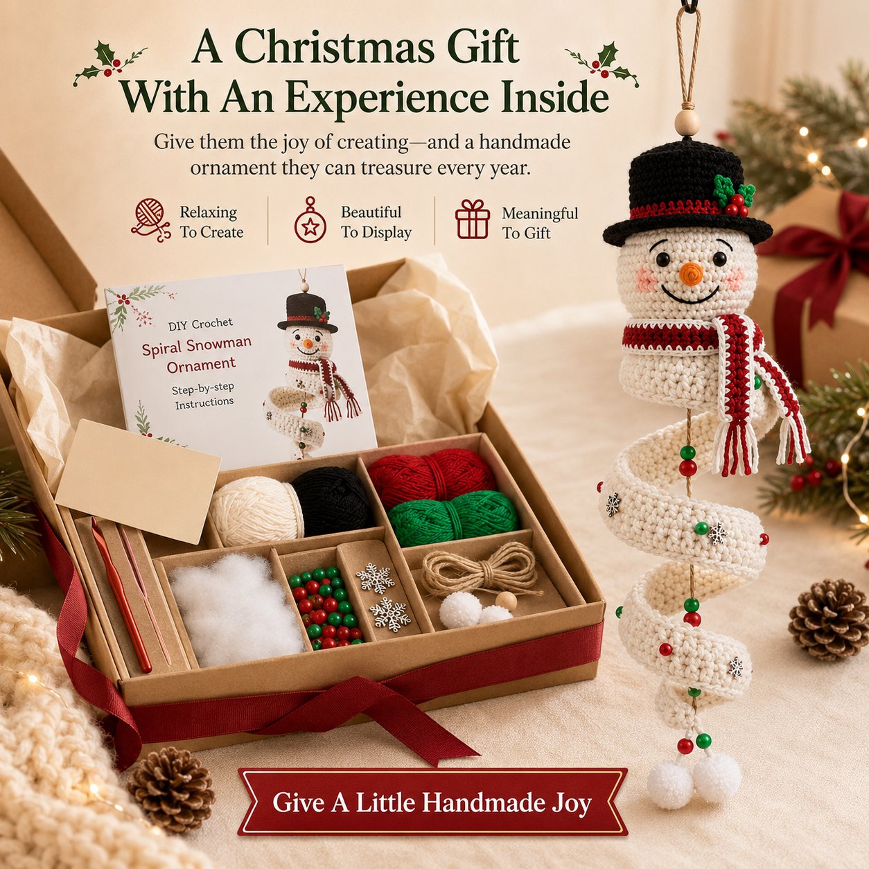 ☃️Crochet Snowman Spiral Ornament DIY Kit | Complete Beginner-Friendly Set with Soft Yarn, Crochet Hook, Festive Beads, Snowflakes & Step-by-Step Guide 🧶🎄✨