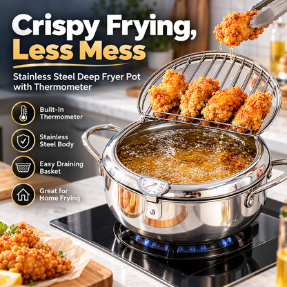 🍟 Stainless Steel Deep Fryer Pot with Thermometer & Frying Basket – Easy Home Frying