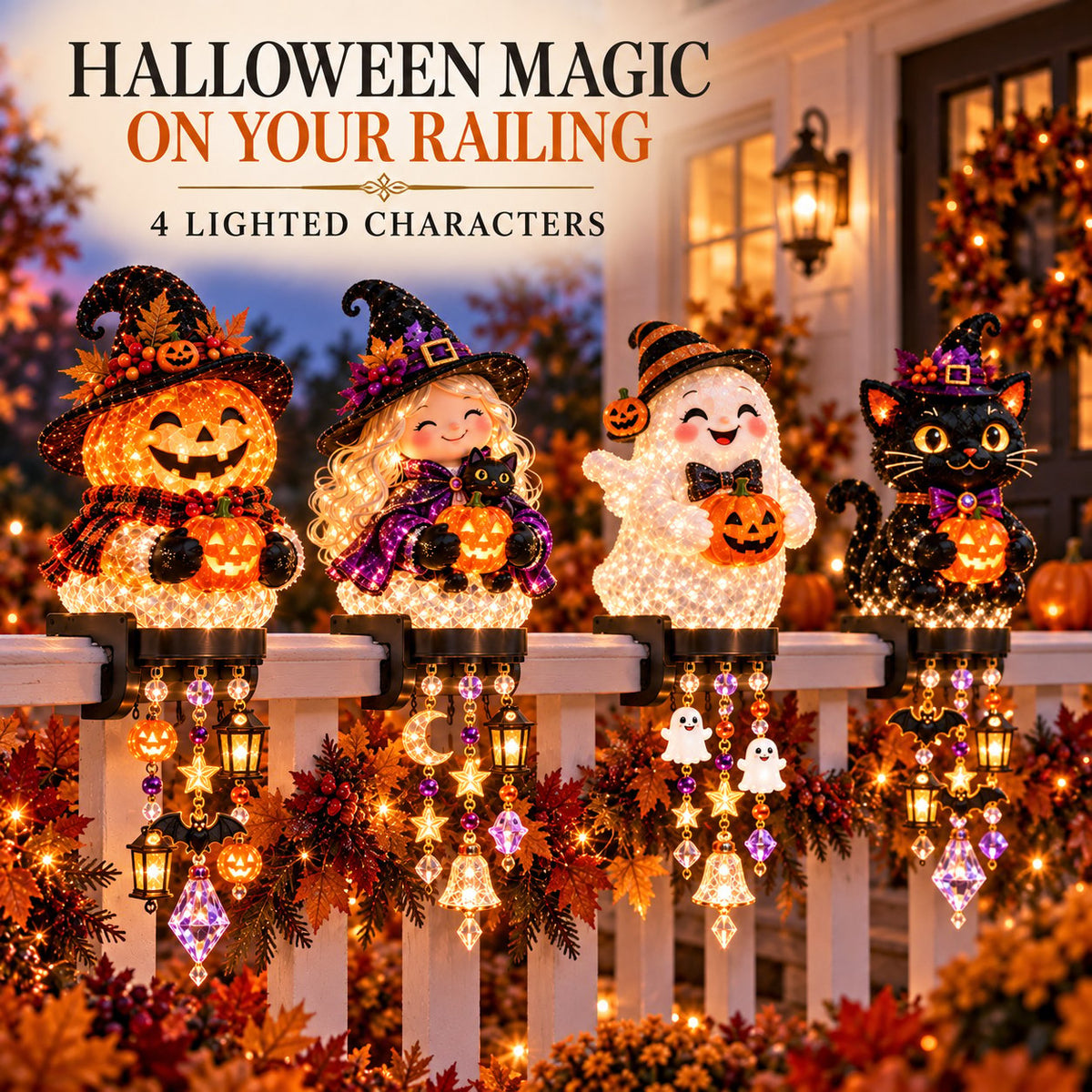 🔥🎃 Halloween Porch Magic Cascade Railing Lights – Pumpkin, Witch, Ghost & Black Cat🎃🎃