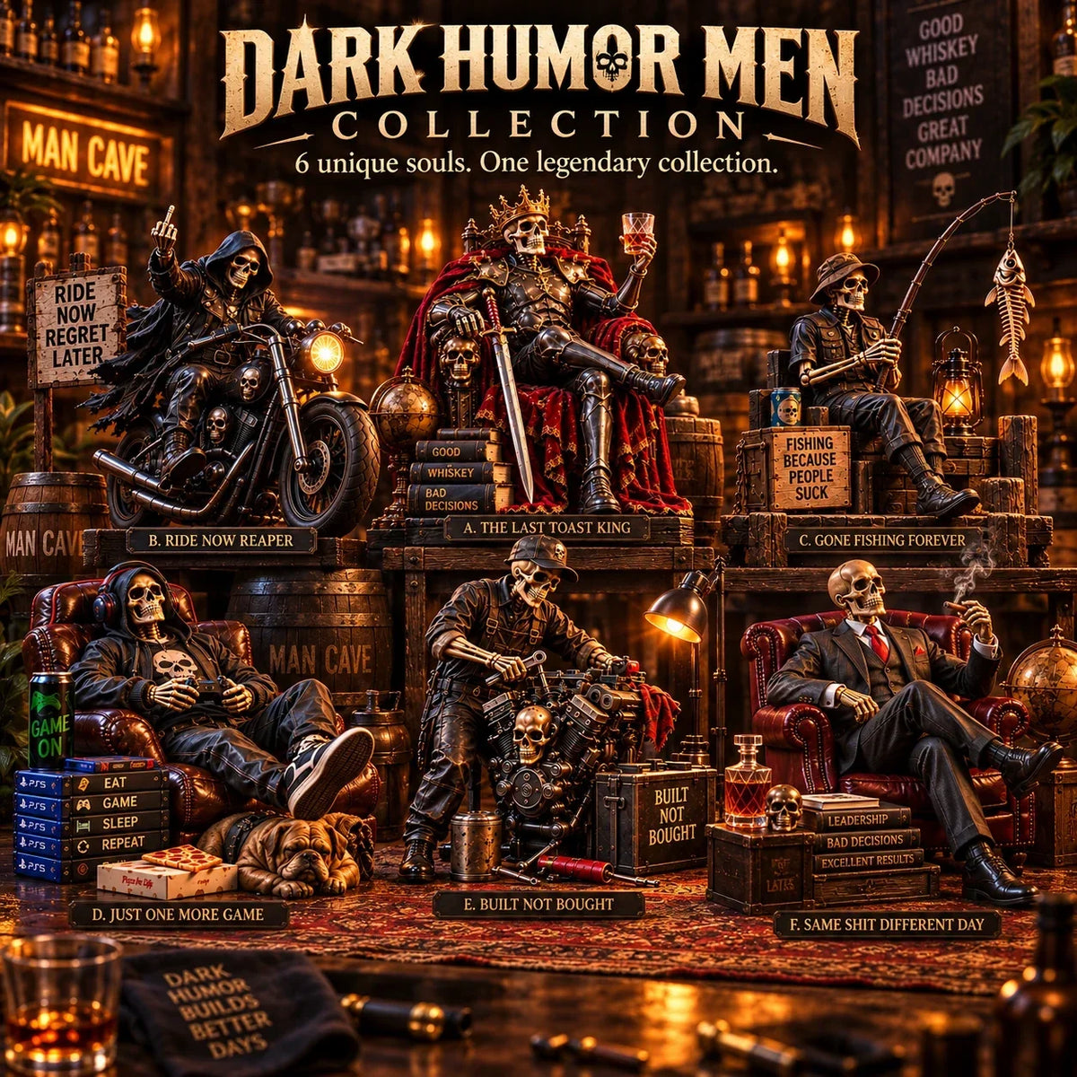 💀🔥 Bad to the Bone – 6 Dark Humor Skeleton Collectibles for Men, Man Cave Decor & Unique Gifts 🎁