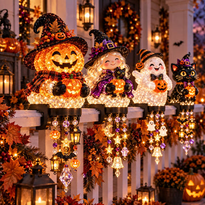 🔥🎃 Halloween Porch Magic Cascade Railing Lights – Pumpkin, Witch, Ghost & Black Cat🎃🎃