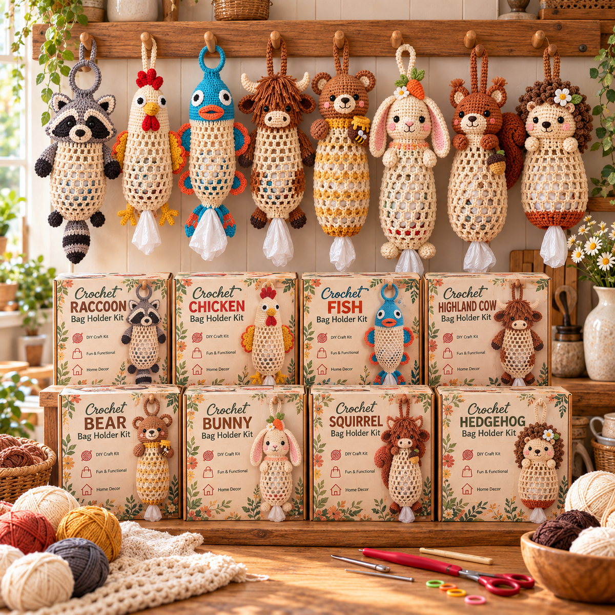 🔥Buy 3, Get 1 Free—Today Only 🔥🔥– 🌼 Cottage Harvest Keepers™ — Crochet Animal Bag Holder DIY Kit
