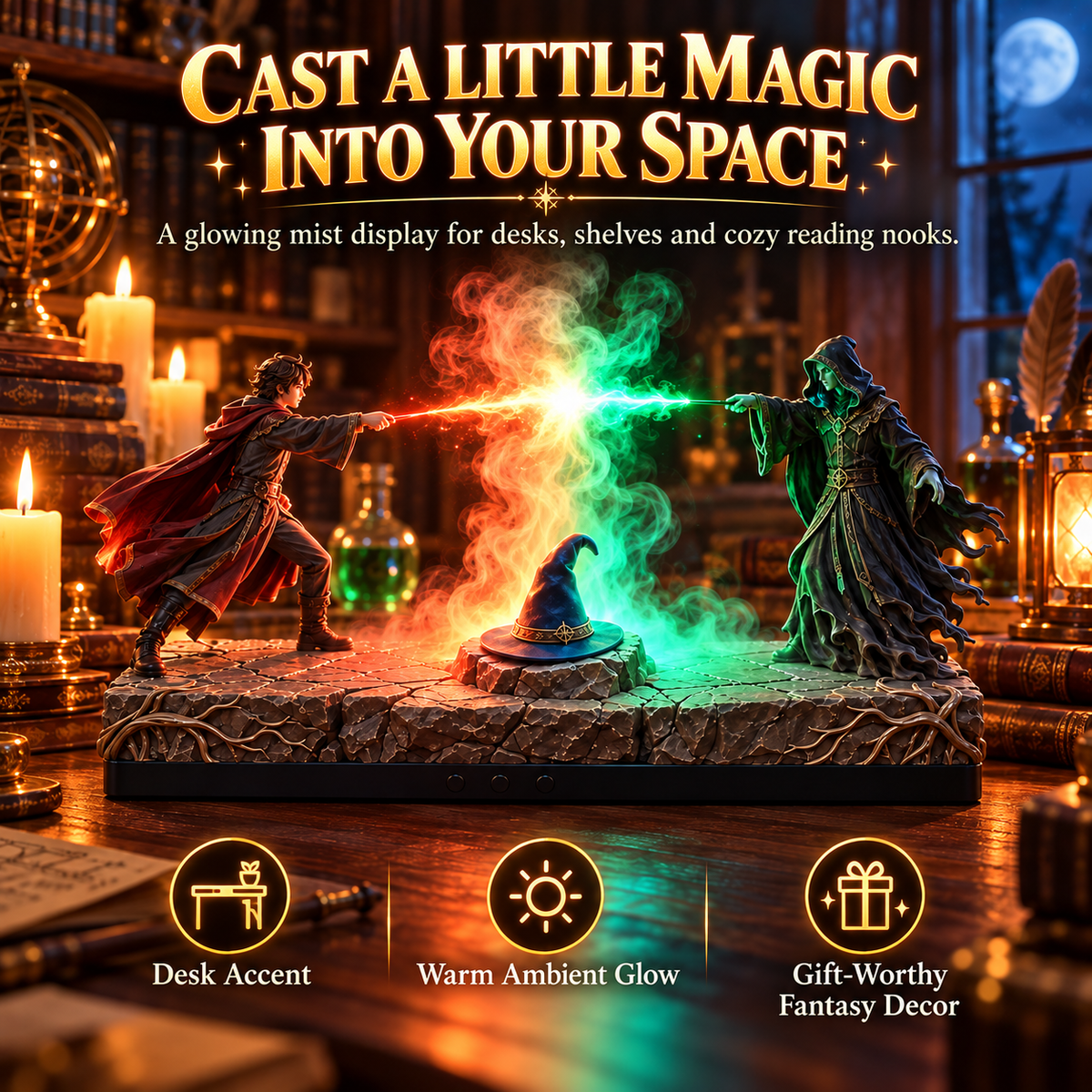 🪄🌫️ Fantasy Magic Duel Diffuser – Rising Mist, Dual-Color Glow & Resin Sculpture!!!