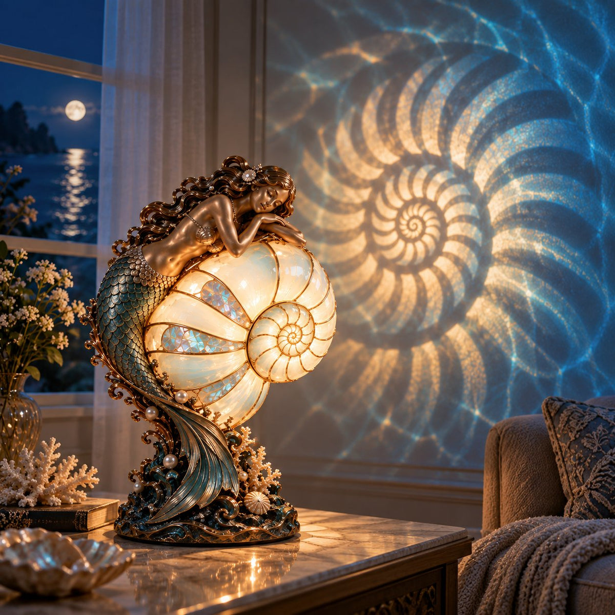 🧜‍♀️🌙 Moonlit Mermaid Nautilus Lamp™ | Ocean Projection Accent Light