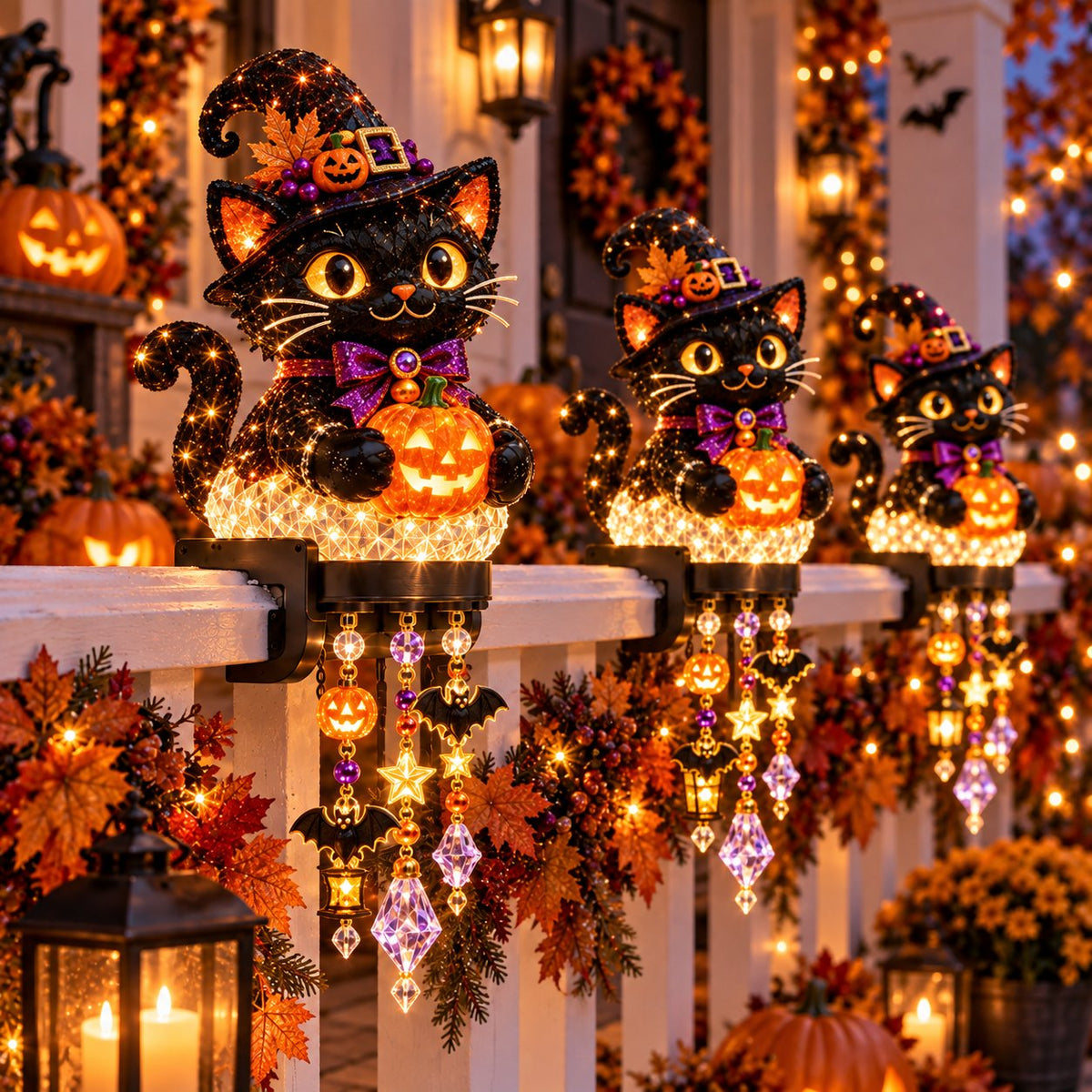 🔥🎃 Halloween Porch Magic Cascade Railing Lights – Pumpkin, Witch, Ghost & Black Cat🎃🎃