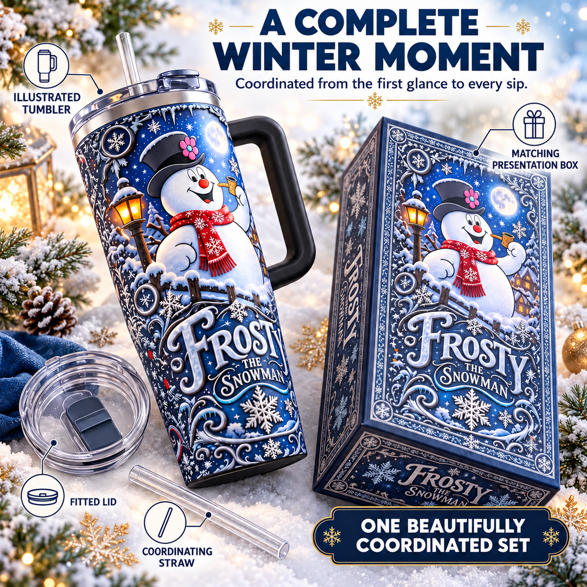 ☃️Winter Snowman Travel Tumbler with Handle & Straw – Matching Gift Box🥤
