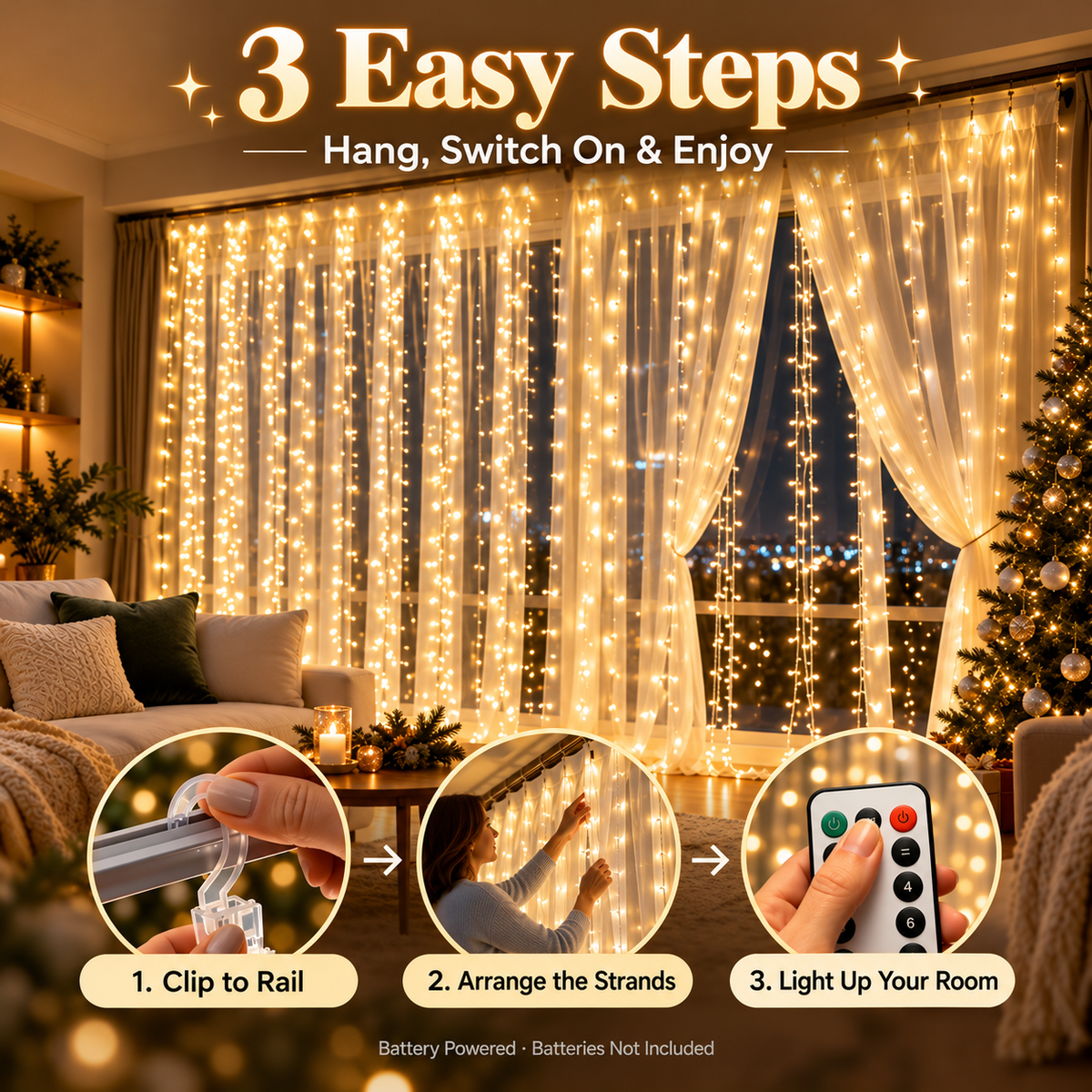 🎄 Christmas Curtain Lights – Warm White LED Window Lights with Remote Control