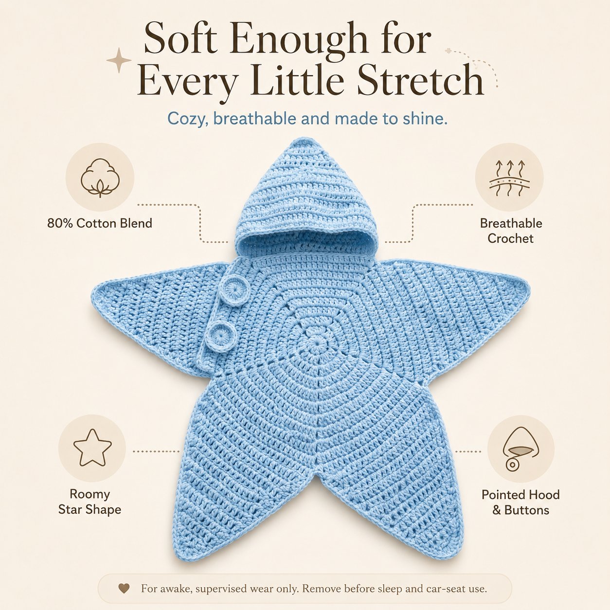 ⭐ Starfish Crochet Baby Outfit, Knitted Hooded Newborn Onesie, Breathable Cotton Blend Baby Photo Prop