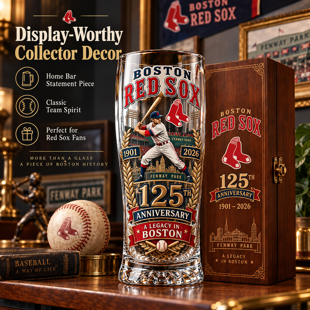 🏆125th Anniversary Baseball Heritage Commemorative Glass & Wooden Gift Box