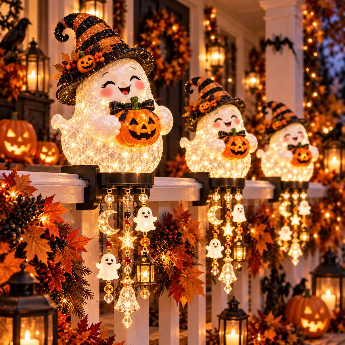 🔥🎃 Halloween Porch Magic Cascade Railing Lights – Pumpkin, Witch, Ghost & Black Cat🎃🎃