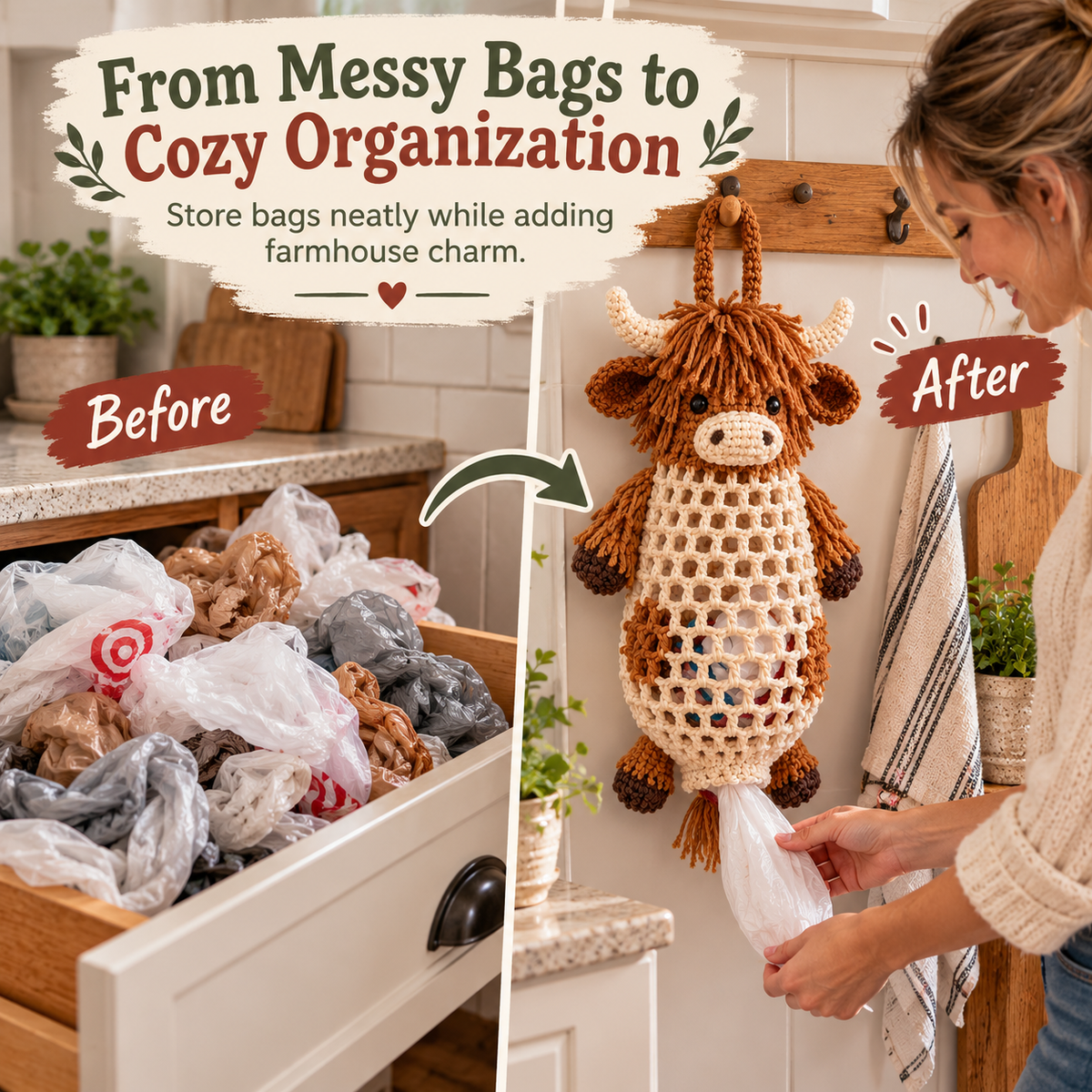 Before and after crochet animal bag holder organization