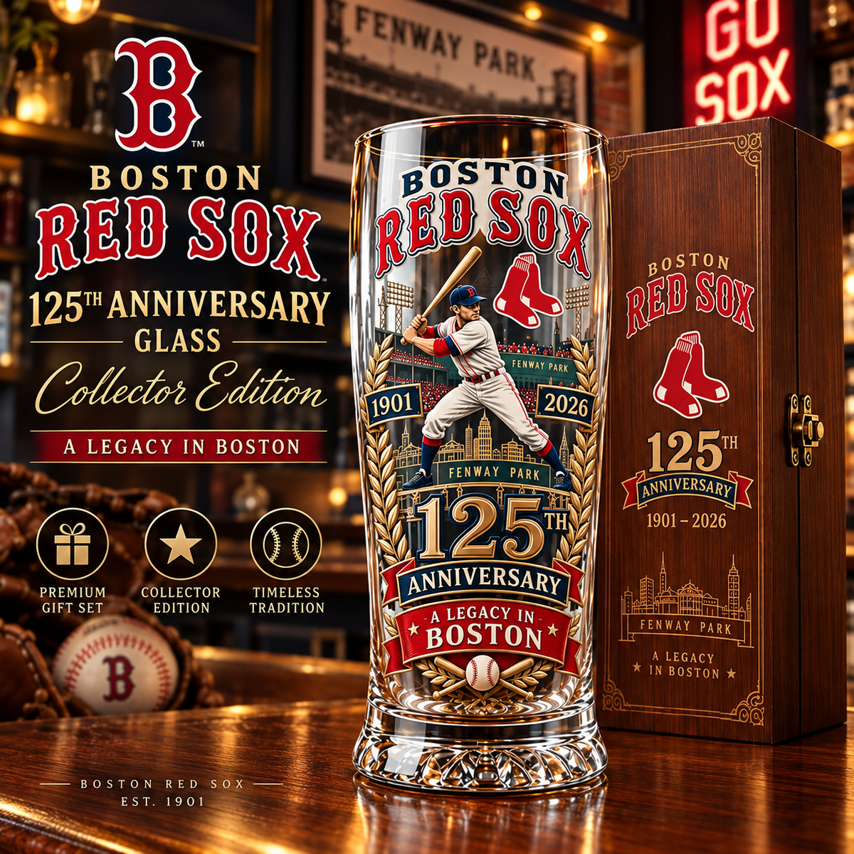 🏆125th Anniversary Baseball Heritage Commemorative Glass & Wooden Gift Box