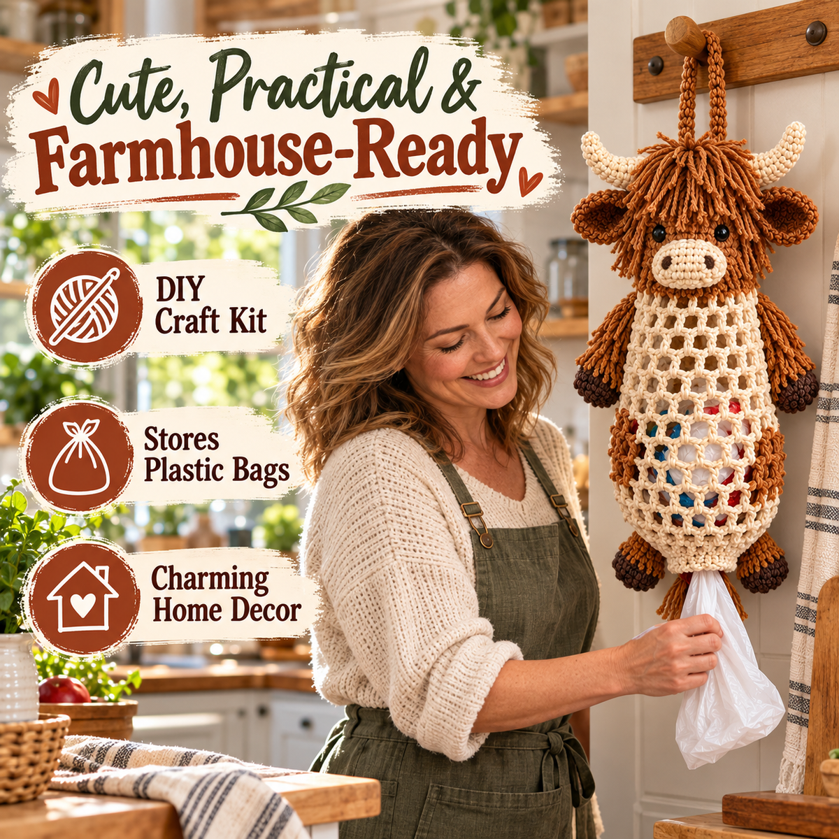 Crochet Highland Cow bag holder farmhouse kitchen decor