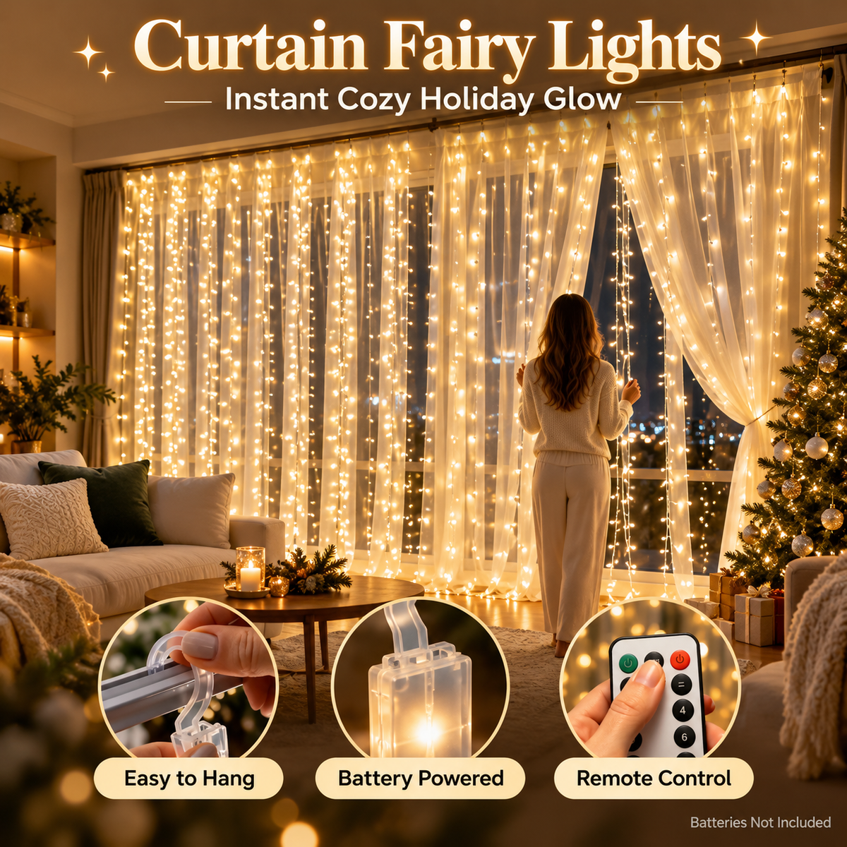 🎄 Christmas Curtain Lights – Warm White LED Window Lights with Remote Control