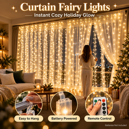 🎄 Christmas Curtain Lights – Warm White LED Window Lights with Remote Control