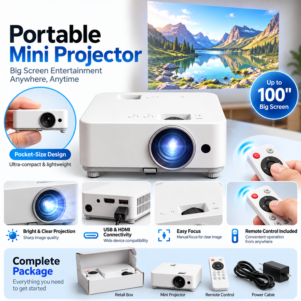 🎬 Portable Mini Projector 📽️ – 100' Big Screen, HDMI & USB, Remote Control Included