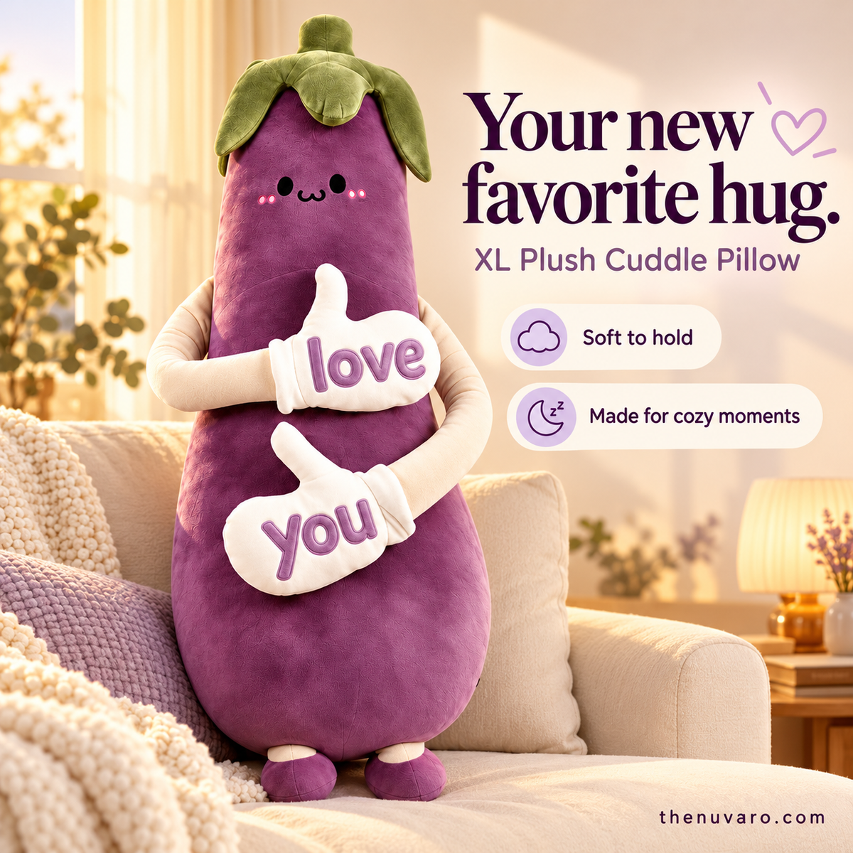 thenuvaro.com XL eggplant plush cuddle pillow on a cream sofa