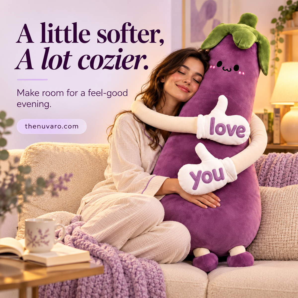 thenuvaro.com long arm eggplant plush in a cozy adult cuddle scene