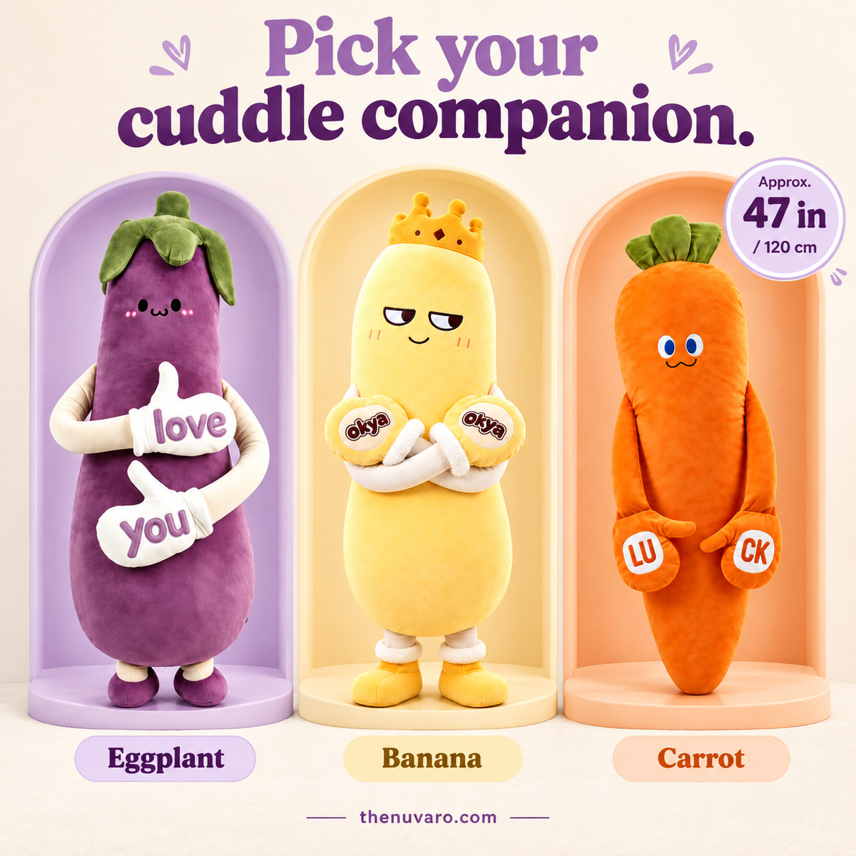 thenuvaro.com Eggplant Banana and Carrot plush styles approximately 120 cm